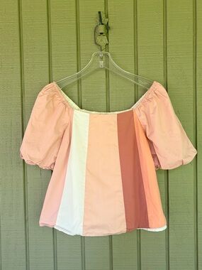 English Factory Puff Sleeve Colorblock Square Neck Top Pink Tan Small